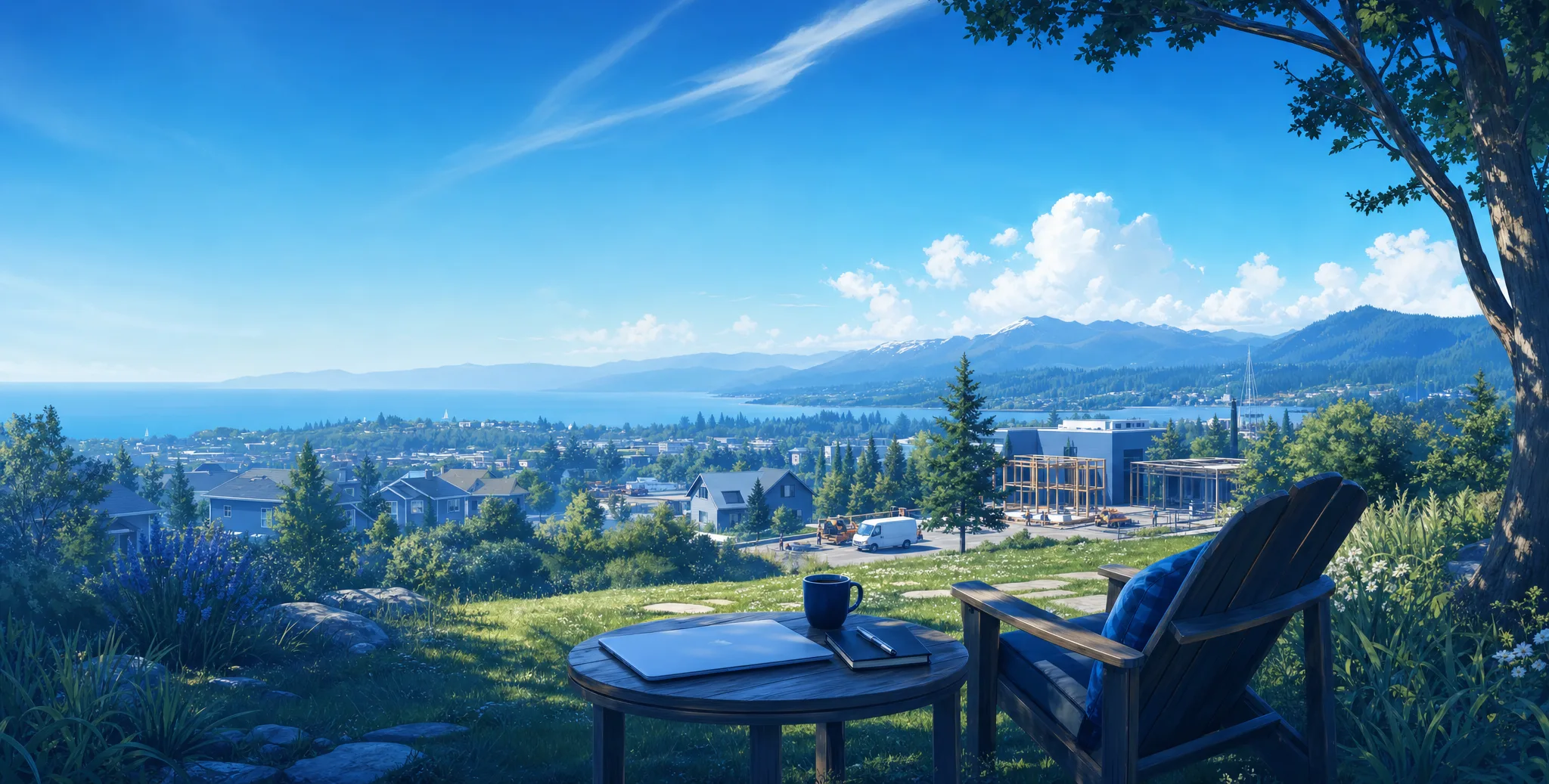 A closed laptop, a notebook and a coffee mug on a table beside an empty chair, looking out over a small lakeside town.
